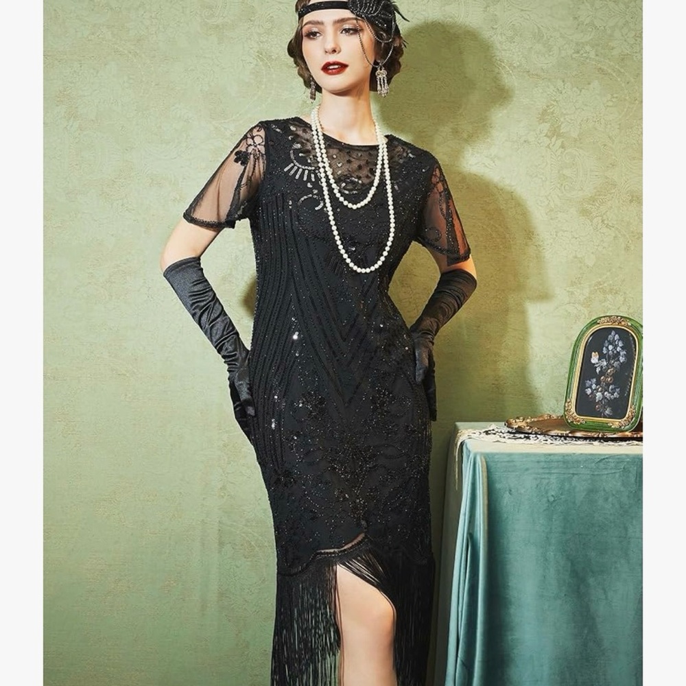 SWEETV 1920s Gatsby Flapper Dress with Accessories – Sequin Fringe Roaring 20s